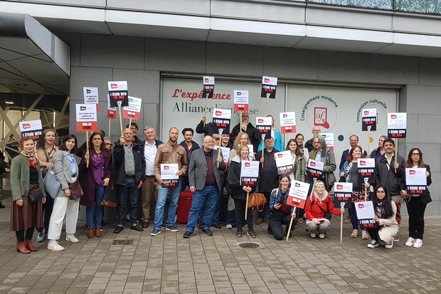 European writers protest in solidarity with the Writers Guild of America